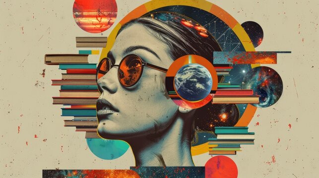 Surreal Woman with Sunglasses Surrounded by Books and Cosmic Elements