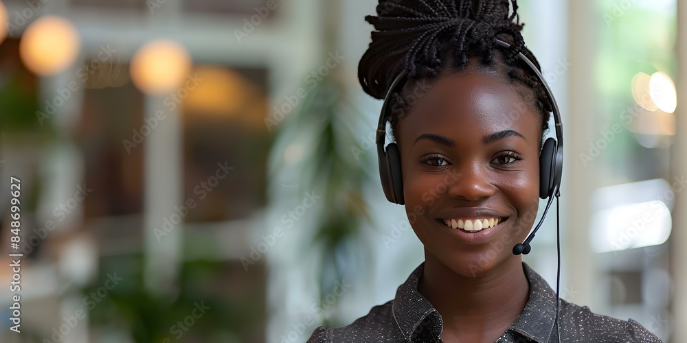 Poster a customer service representative working in a contemporary office setting and smiling while wearing