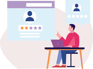 The boy is pointing at the star rating account.