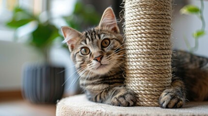 Cat playing with scratching post