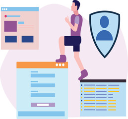 The boy is working on web page.