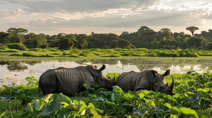 Rhinoceroses resting in a lush field by a swamp, surrounded by vibrant flora and a serene water backdrop, midday sun overhead