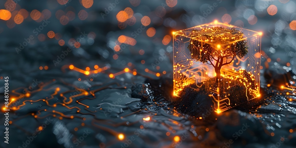 Poster innovative visual of glowing cube with tree and circuit patterns. concept technology, nature, futuri