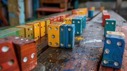 Fototapeta premium Rows of colorful dominoes, lined up like soldiers on a battle-worn wooden table, ready for the chain reaction to begin