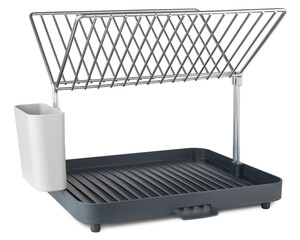 Dish drainer rack for kitchen counter.  Tier utensil holder with drip gray tray. Dish drainer rack for wet ceramic plate, glass, cup, bowl, wineglass, forks, spoons, knives. Stainless Dishes Storage