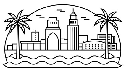 Obraz premium City skyline artwork showcasing tall buildings and a bustling city scene. City skyline with a variety of buildings and a lively urban vibe.