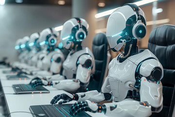 call center white robots wearing headphone answers the calling