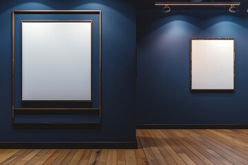 A modern art gallery with two empty, blank picture frames on a dark blue wall, wooden floor, and soft overhead lighting. The larger frame is slightly to the left and smaller one to the right.