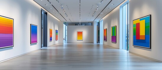 A modern art gallery with vibrant paintings hung on sleek white walls, each piece meticulously...