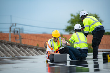 Group of engineer and technician inspects solar panel installation and test the operation of the...