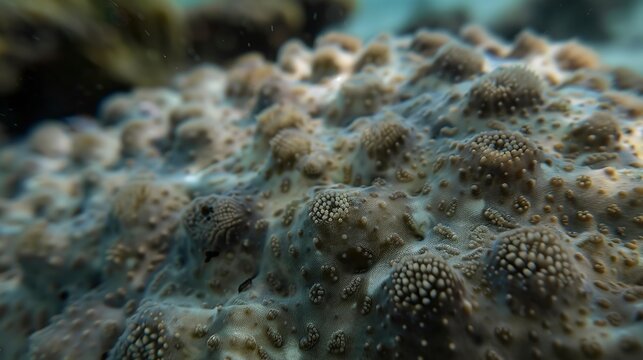 Close focus on the bumpy skin of a sea cucumber, detailed texture contrasted against soft seabed. 