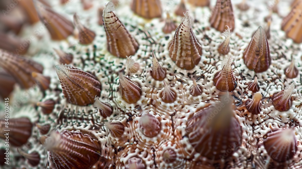 Poster close-up on the jagged surface of a sea urchin's shell, intricate patterns and spines in stark detai
