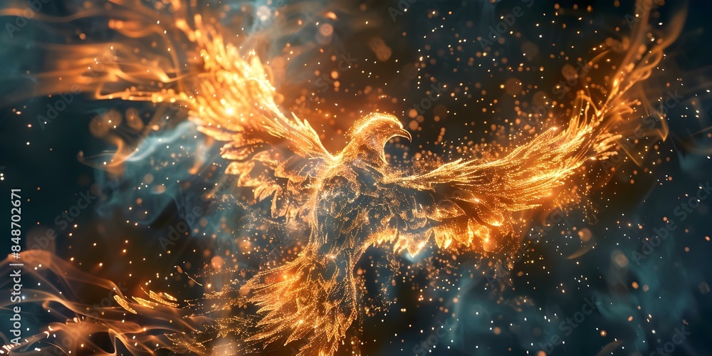 Poster recovering data after a digital disaster rising like a phoenix from ashes. concept data recovery, di