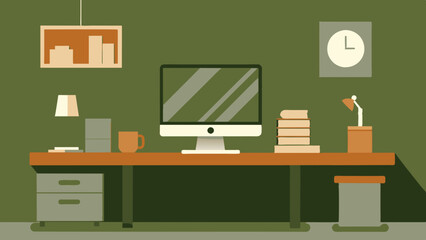 Office desk set up with computer, books, clock, and assorted items in view. Workspace desk with a computer.