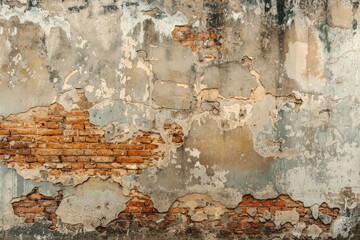 Obraz premium Weathered Brick Wall with Peeling Paint and Exposed Bricks Perfect for Urban Decay and Texture Backgrounds