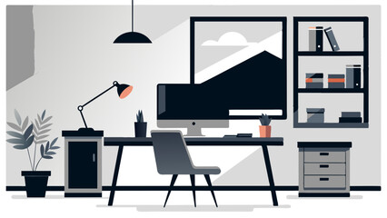 Fototapeta premium An organized office desk featuring a computer, books, a clock, and miscellaneous items.