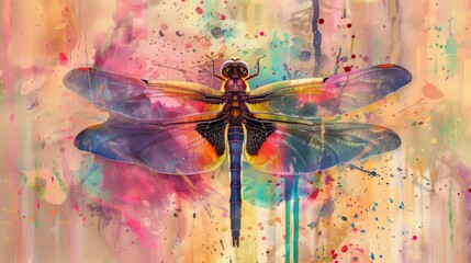 Vibrant watercolor dragonfly, wings in multicolored splendor, on a lively splattered paint background, embodying the concept of nature insect art