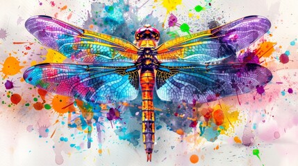 Fototapeta premium Vibrant watercolor dragonfly, wings in multicolored splendor, on a lively splattered paint background, embodying the concept of nature insect art