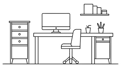 Workspace featuring desk and chair. A desk and chair are visible in the office interior.