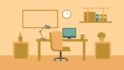 Workspace featuring desk and chair. A desk and chair are visible in the office interior.