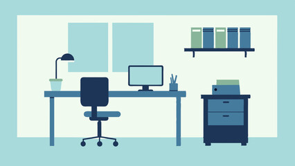Office interior with desk and chair. An office interior with a desk and chair provides a professional and comfortable workspace.