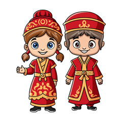 Couple kids cartoon wearing costume Mongolia