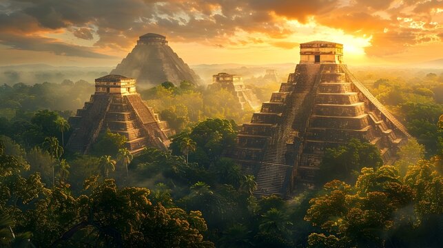 Ethereal Mesoamerican Pyramids Shrouded in Lush Jungle Foliage at Magical Sunset