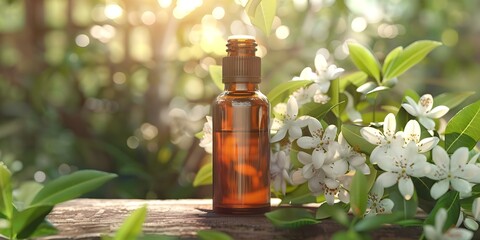 Neroli Flower Background with Essential Oil Bottle for Aromatherapy Massage. Concept Aromatherapy Photoshoot, Neroli Flower Theme, Essential Oil Bottle, Relaxing Massage Mistress