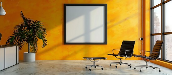 A modern office with a bright yellow wall, featuring a single large empty black frame.