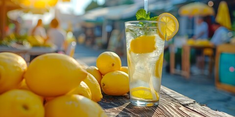 Enjoy a cool glass of lemonade at a lively neighborhood stand. Concept Neighborhood Lemonade Stand, Refreshing Drink, Summer Beverage, Community Gathering, Kid-Run Business