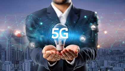 5G. Innovation, Connectivity, Future Concept. Hands of Businessman Holding Light Bulb and 5G Icon with Data Network Digital Technology. Advancing Communication.