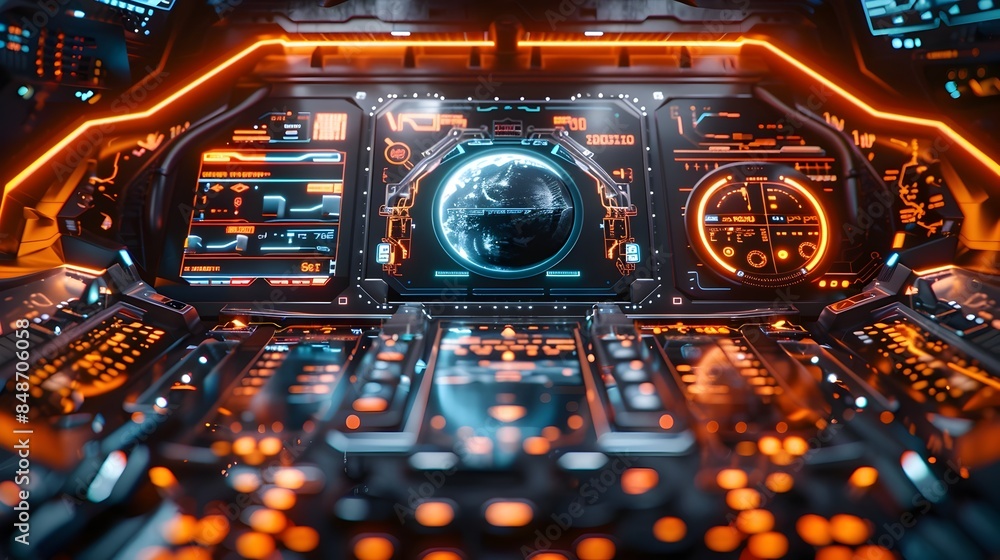 Poster futuristic dashboard ui kit with sleek metallic elements and holographic displays