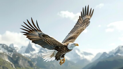 Obraz premium bald eagle flying over a mountain range with mountains in the background