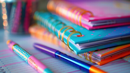 Fototapeta premium A stack of colorful spiral notebooks with pens and pencils on top
