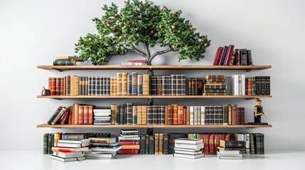 bookshelf with a tree and many books