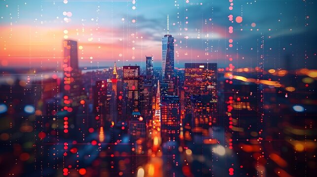 Sophisticated Minimalist Skyline at Dusk with Iconic Skyscrapers and Lights