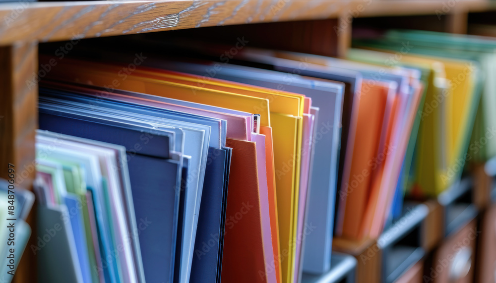 Aufkleber a row of colorful folders on a shelf