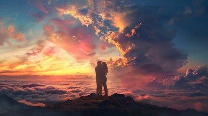 Fototapeta premium Silhouettes of two people embracing atop a mountain against a dramatic sunset sky full of colorful.