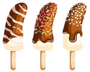 Frozen Chocolate Dipped Banana Pops with Crushed Peanuts, Sprinkles & Cream Drizzle Toppings 