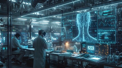 Futuristic Medical Lab with Cutting Edge Holographic Data Displays and Advanced Research