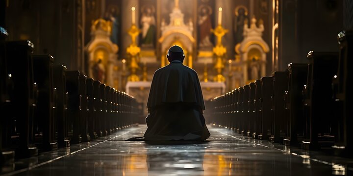 Devout pope prays fervently in church embodying Christian faith for generations. Concept Religious, Prayer, Faith, Christianity, Tradition