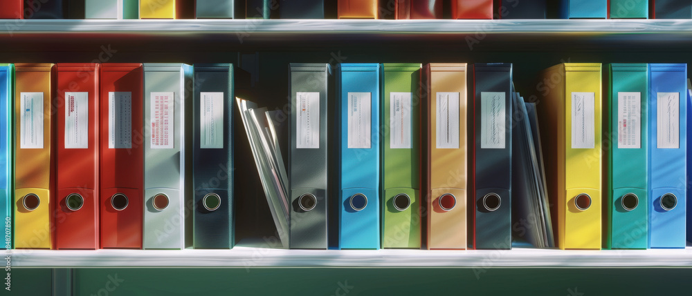 Poster a row of colorful binders on a shelf