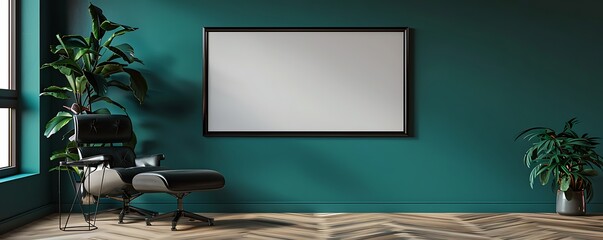A modern study with a dark teal wall, displaying a single medium-sized empty black frame.