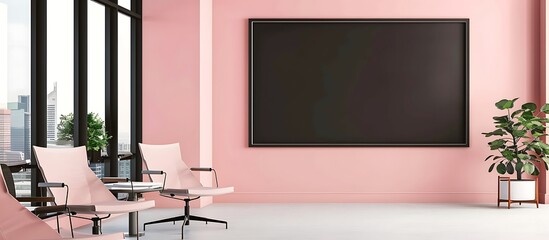 A modern office with a soft pink wall, displaying a single large empty black frame.