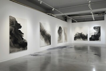 A panoramic shot of an art gallery displaying a series of monumental ink wash paintings, each piece exploring the fluidity and depth of black ink. 