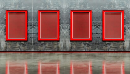 A quartet of narrow empty picture frames, with bright red edges, on a slate gray wall in a modernist art gallery, featuring polished concrete flooring.