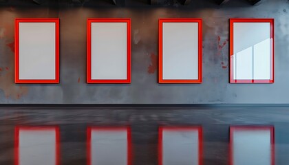 A quartet of narrow empty picture frames, with bright red edges, on a slate gray wall in a modernist art gallery, featuring polished concrete flooring.