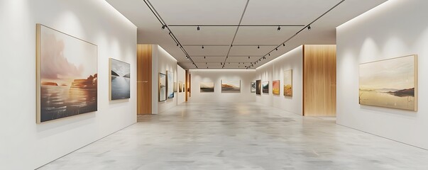 A refined art gallery with minimalist white walls and wooden accents, featuring a diverse collection of paintings that add warmth and character to the modern environment.
