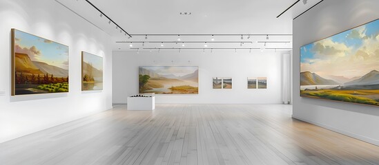 A refined art gallery with minimalist white walls, featuring a selection of landscape paintings that evoke a sense of tranquility and beauty.