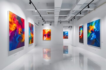 A refined art gallery with minimalist white walls and sleek track lighting, showcasing a series of vibrant paintings that bring energy and color to the space.